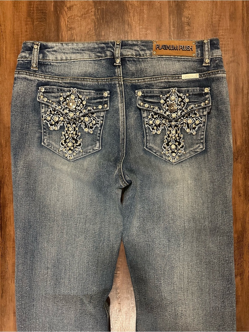 PLATINUM PLUSH Women's Boot Cut Jeans - Light Blue with Embellished Back Pockets